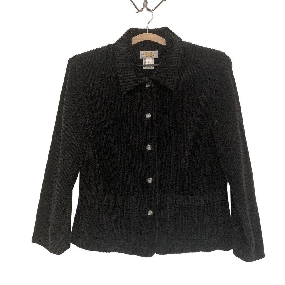 Talbots Corduroy Jacket Womens 8 Black Button Front Collared Pocket Blazer